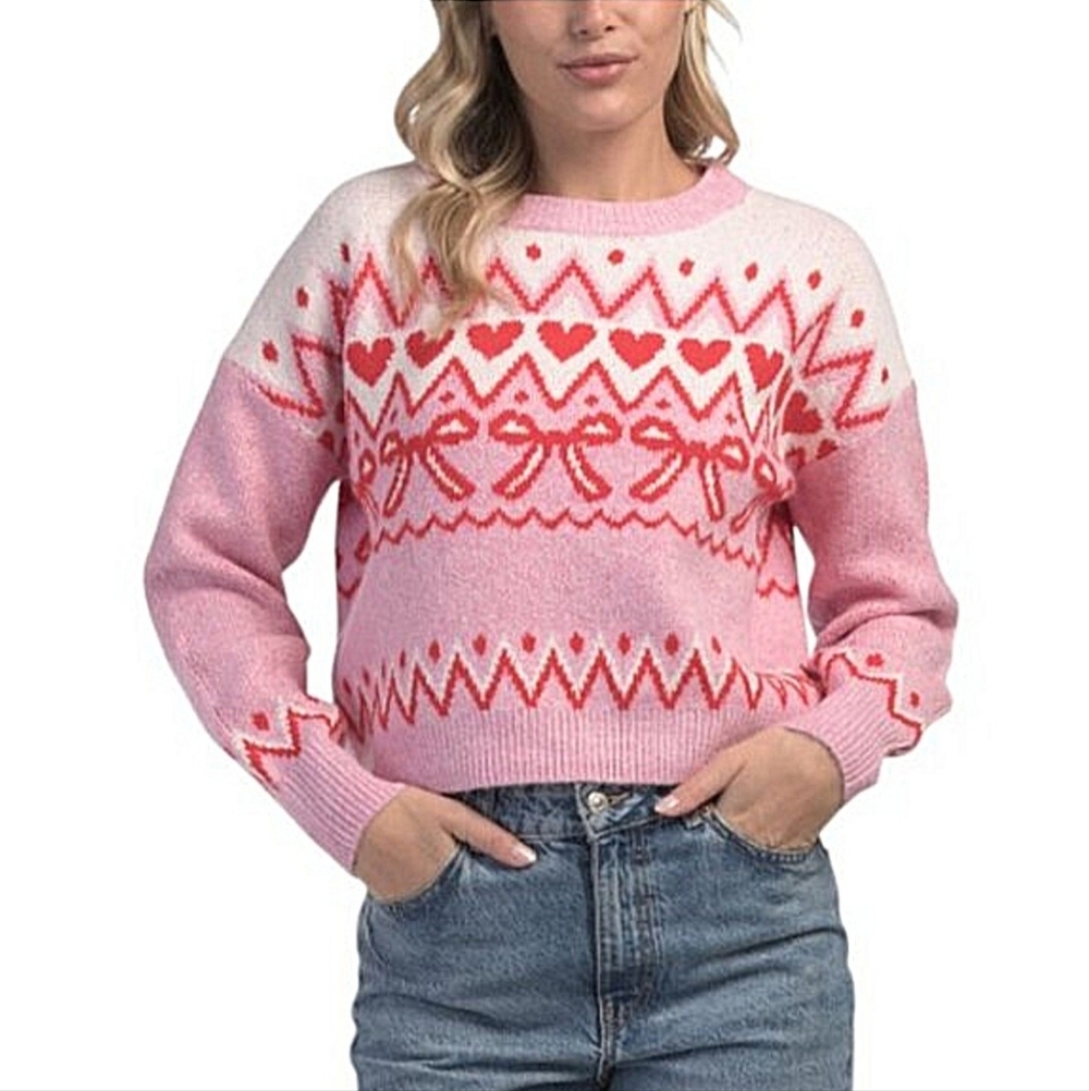 NWT Paris Hilton Pullover Crewneck Sweater Pink Hearts Bows | Women's Size M